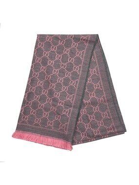 Gucci Scarf GG Wool Pattern Logo Rose Pink Gray